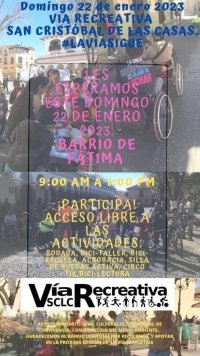 Invitan a participar en las actividades de la “Vía Recreativa”, que este domingo se efectuará en el Barrio de Fátima. 