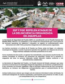 SSP y FGE repelen ataque de la delincuencia organizada en Jiquipilas