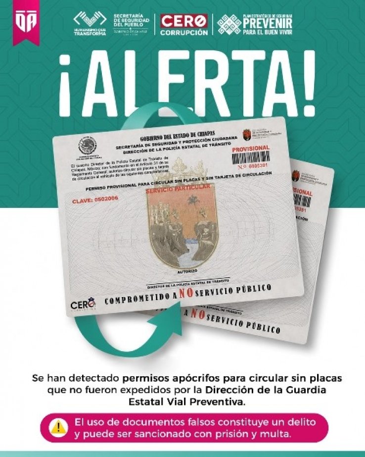Alerta Guardia Estatal Vial Preventiva sobre permisos ap&oacute;crifos para circular sin placas