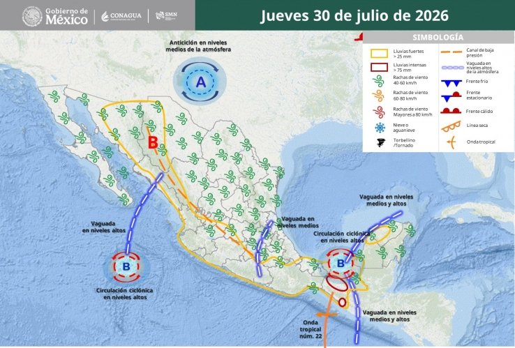 Onda Tropical 22 y canales de baja presi&oacute;n provocar&aacute;n lluvias intensas en Chiapas